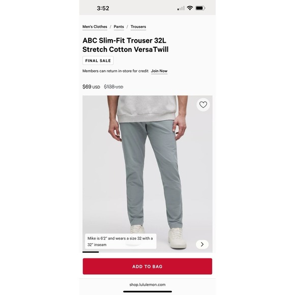 Lululemon ABC Tech Chino Pants Mens 32x31 Slim Fit Blue (No Tag) Versa Twill - Picture 12 of 15